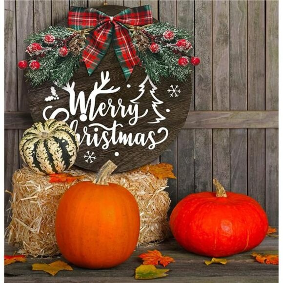 Merry Christmas Welcome Hanging Welcome Sign, Round Wooden Christmas Sign - Picture 2 of 6